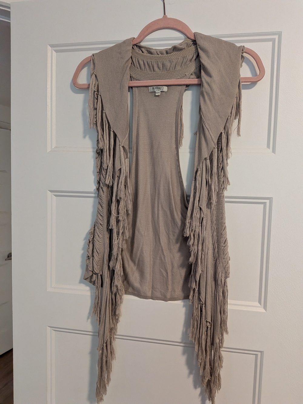 Buffalo David Bitton Taupe Fringe Open-Front Knit Vest